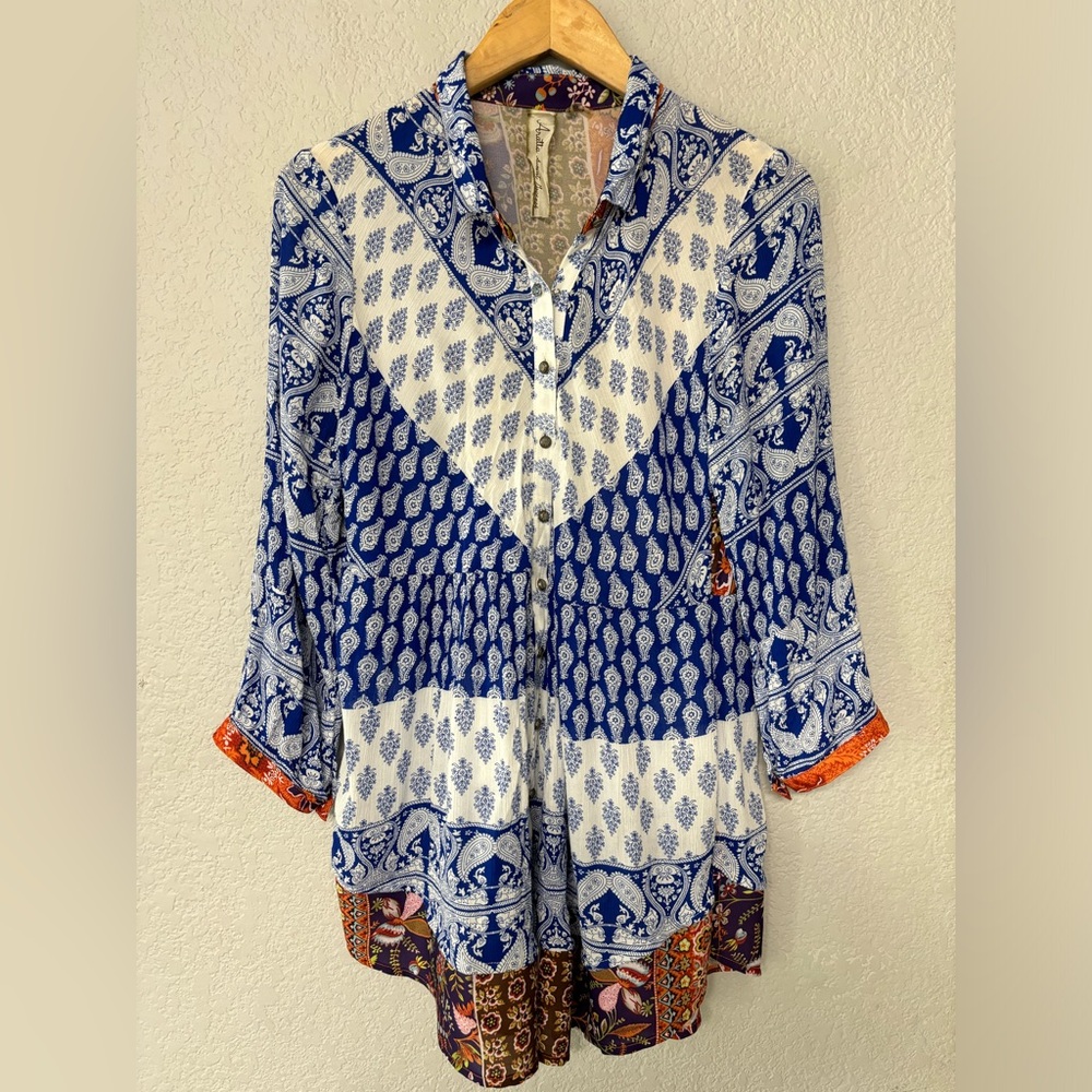 Aratta Silent‎ Journey Paisley Moroccan Contrast Print Tunic Blouse Size S